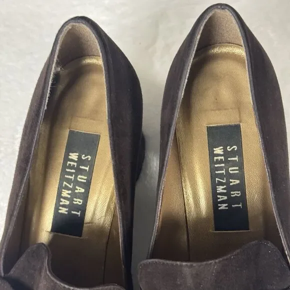 Stuart Weitzman Brown Suede Chain Link Pumps Block Heel Square Toe Womens Size 9 - Picture 3 of 12